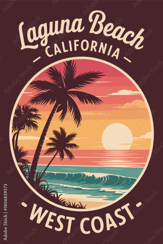 Naklejka premium beach laguna california poster showcasing ocean waves, palm trees, and west coast atmosphere, retro vector illustration perfect for decorative travel wall art.