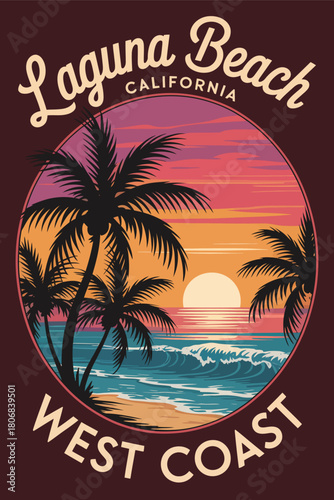 laguna beach california vintage poster featuring palm trees and scenic ocean coast, retro vector design suitable for travel decor, wall art, and coastal interior themes.

