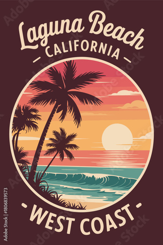 beach laguna california poster showcasing ocean waves, palm trees, and west coast atmosphere, retro vector illustration perfect for decorative travel wall art.