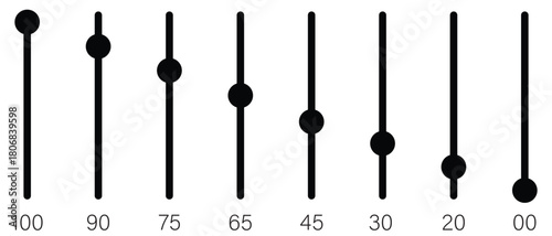 Volume control icon set, percentage 100, 90, 75, 65, 45, 30, 20, 00 . Volume Setting Icon Vector Symbol Design. scroll bar slider, UI design button interface. Vector illustration.