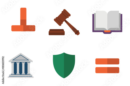 Legal system symbols, courthouse facade, protective shield, equal rights bars, courtroom gavel, open book learning, education vector