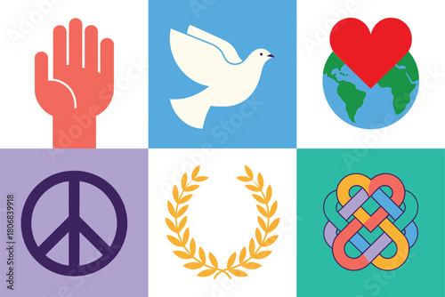 Peace and compassion icons grid, raised hand, dove symbol, world heart, laurel wreath, unity knot, volunteer design