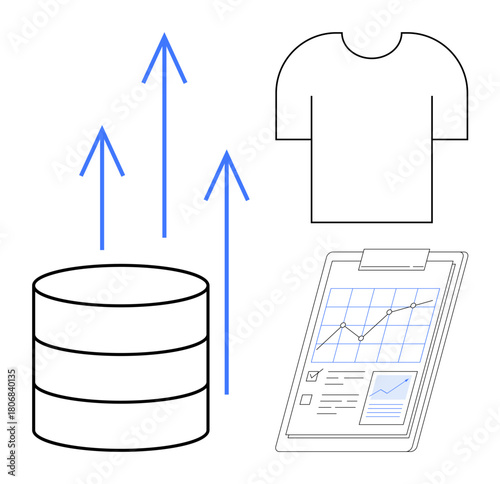Database with upward arrows, a data-driven report clipboard, and a t-shirt symbolizing analytics in retail, supply chain, and business trends. Ideal for growth, sales, and simple flat metaphor