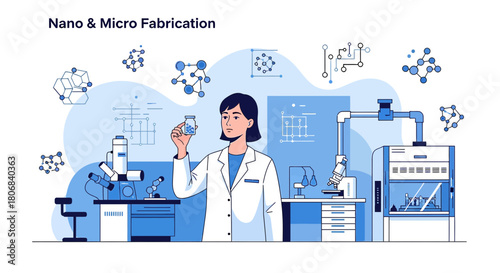 Illustration depicting scientific research and laboratory work in nanotechnology field with