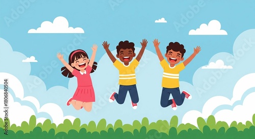 Joyful Diverse Children Jumping with Happiness Outdoors on a Sunny Day