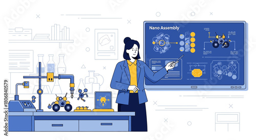 Illustration of a scientist explaining nano assembly process with robotic technology concept