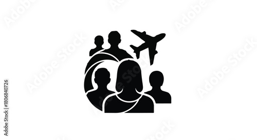 Diverse group of people embarking on a journey with an airplane symbolizing travel and connection.