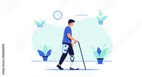 Illustration showcasing a man with prosthetic leg walking with a cane indoors with plants