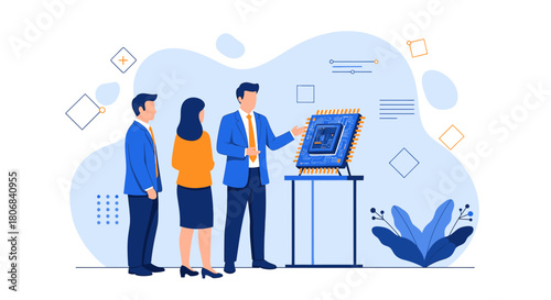 Illustration showcases cutting-edge technology chip design with professionals observing innovation