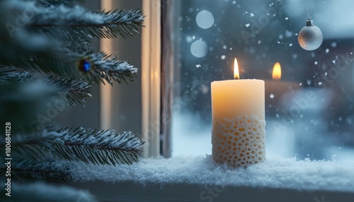 Glowing illumination emanates from a lit candle resting on a snow covered windowsill beside evergreen foliage during wintry weather