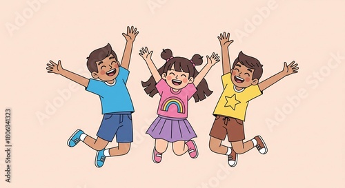 Three Happy Diverse Children Jumping Joyfully Together in Celebration