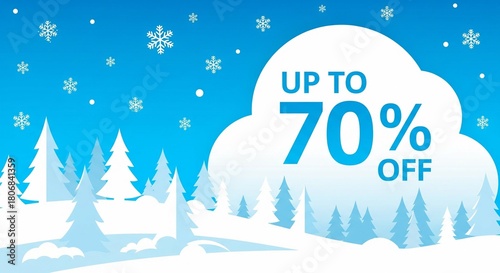Winter Sale Offer - Up to 70% Off Discount with Snowflakes and Trees