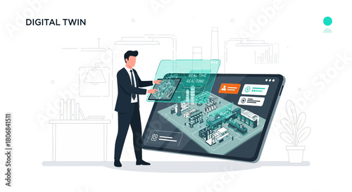 Illustrative representation of a digital twin system for industrial management analysis and control