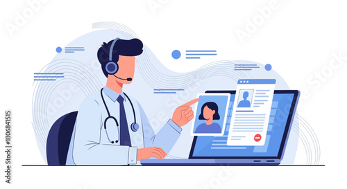 Illustrative telemedicine doctor providing online consultation from a laptop and headset