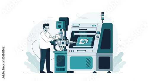 Illustrative vector of a technician using advanced machinery for product fabrication
