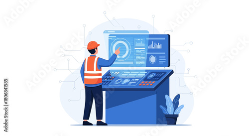 Illustrative worker interacting with a high-tech control panel interface system environment