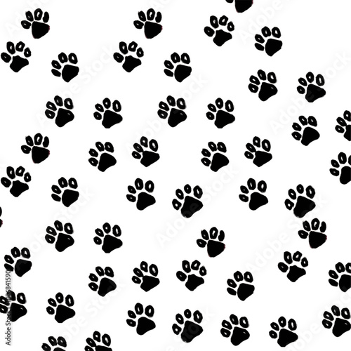Black Paw Prints Scattered Across White Background, Animal Footsteps Pattern