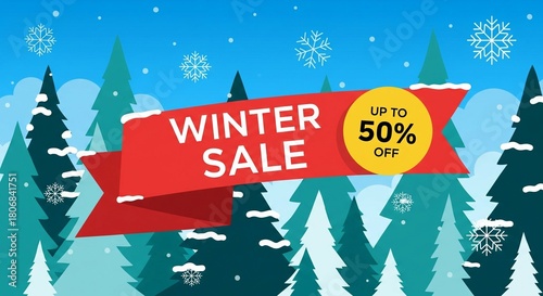 Winter Sale Banner with Snowflakes and Evergreen Trees