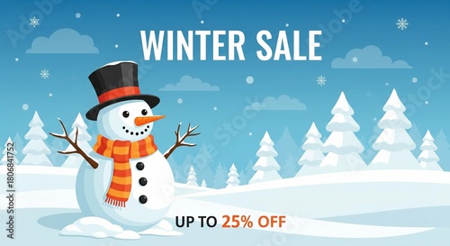 Winter Sale Snowman with Scarf and Hat, Up to 25% Off Banner Background
