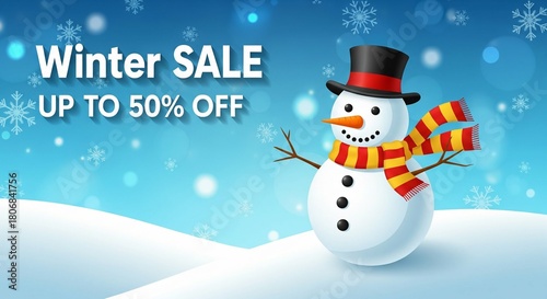 Winter Sale Promotion with Cute Snowman and Snowflakes Background