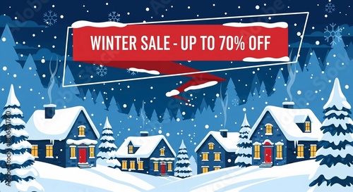 Winter Sale Banner with Houses and Snowflakes - Up to 70% Off