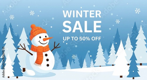 Winter Sale Snowman with Orange Scarf and Hat, Up to 50% Off Discount