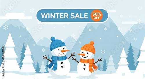Winter Sale Promotion Banner with Snowmen and Mountains