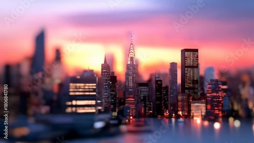 Vibrant city skyline at sunset with tilt shift effect miniature look modern urban landscape view