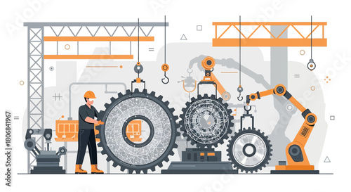 Industrial manufacturing setting displaying automation and human collaboration in factory design