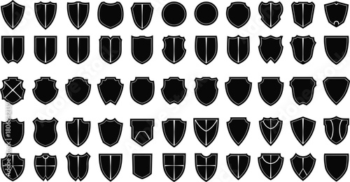 Large collection of black vector shield silhouettes, heraldic shapes and security icons set, isolated on white background for logo design.