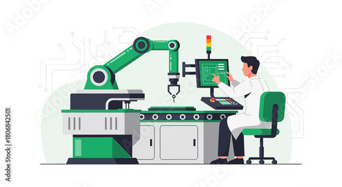 Innovative automated manufacturing cell illustration depicting robotic arm operation process in a