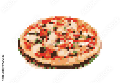 Pixel Art Pizza. 8 bit. Game development, mobile app. Isolated vector illustration.