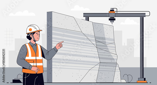 Innovative construction 3d printing wall and engineer checking on progress futuristic engineering