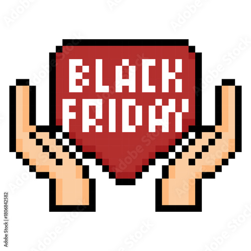 Pixel art Black Friday heart held by hands