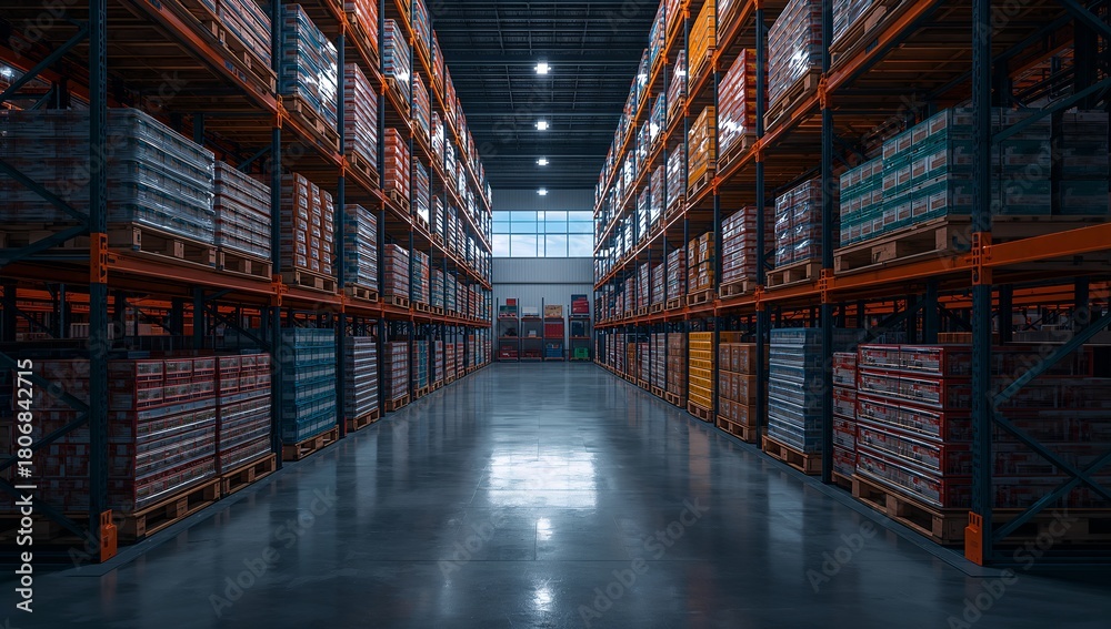 Fototapeta premium a well-organized warehouse interior with rows of stocked shelves. The warehouse is filled with goods ready for distribution