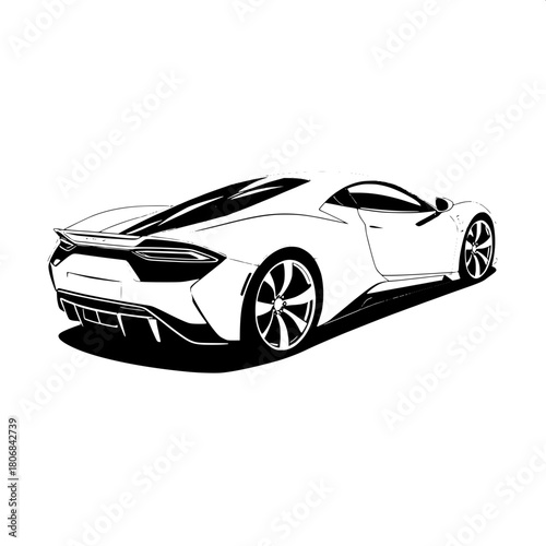 “Monochrome vector sports car with sharp, futuristic edges, positioned slightly to the right, low aerodynamic stance, black fill with white contour lines, graphic circular wheel patterns, subtle groun