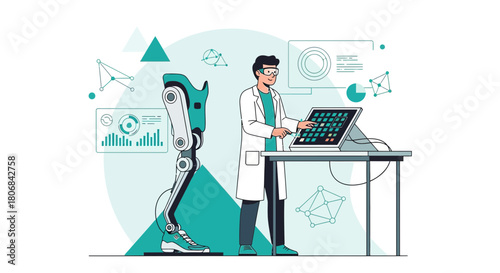 Innovative prosthetic limb development featuring scientist and advanced computer interface for