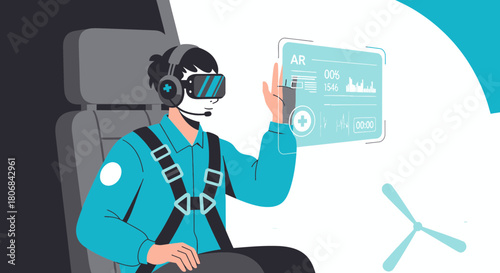 Innovative virtual reality simulation interface displaying flight control and data visualization
