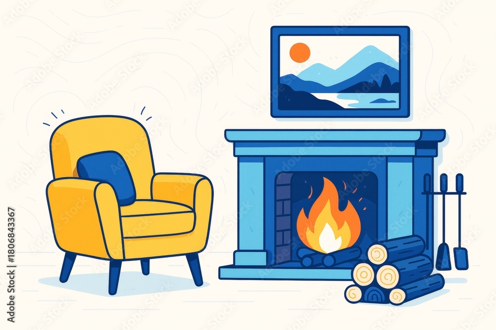 Naklejka premium Cozy living room interior with yellow armchair and fireplace emitting warm light, blue decor and mountain painting on light background. Ai generative. Ai generative