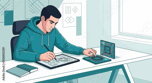 Man meticulously designing electronic circuits on a tablet and manipulating a microprocessor