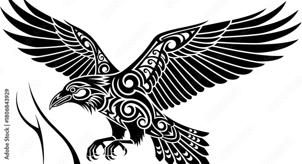 Fototapeta premium Raven in Flight - Intricate Tribal Art Design.