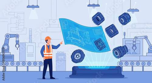 Manufacturing engineer oversees robotic assembly with a focus on precision engineering blueprint