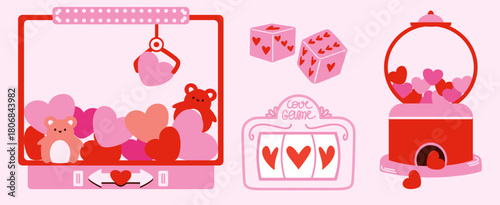 Love machines claw toy machine, gumball dispenser, dice, and slot machine, playful romantic design for Valentine's Day.