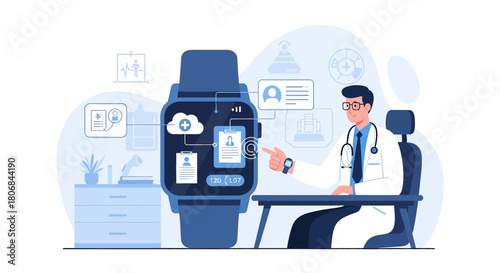 Medical professional interacting with health data displayed on a smart watch interface showing