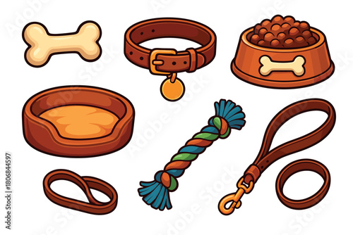 Dog care essentials for happy pets and owners. Set of 6 vector illustration