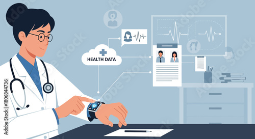 Modern healthcare concept, doctor using smartwatch to access patients data and monitor vitals