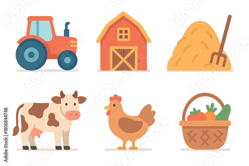 Farm scene with tractor, barn, animals, and harvest basket. Set of 6 vector illustration
