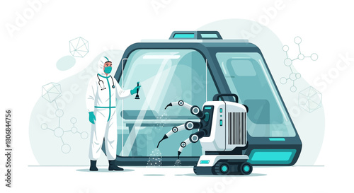 Modern healthcare: Doctor and robot disinfecting a transport pod with advanced protection