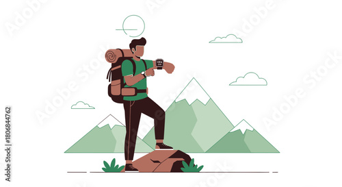Modern illustration of a hiker checking smartwatch amidst mountain scenery evoking adventure and
