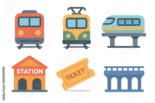 Various train designs and ticket concept for transportation systems. Set of 6 vector illustration